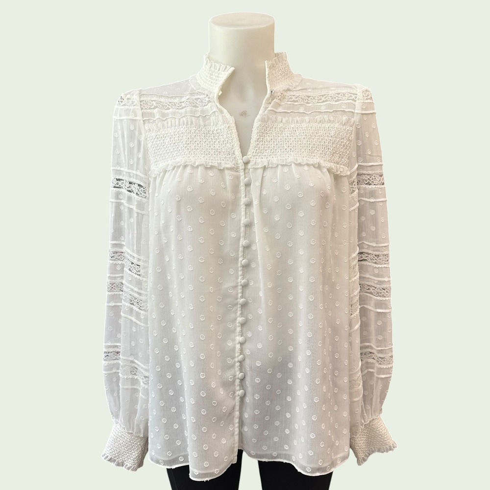 White House Black Market Swiss Dot Smocked Blouse Lace Romantic Boho sz S White